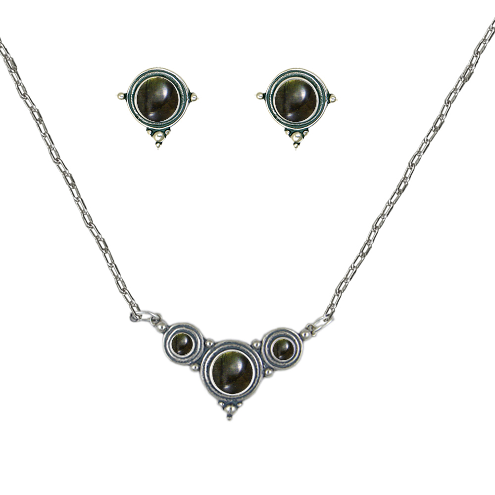 Sterling Silver Designer Necklace Earrings Set in Spectrolite